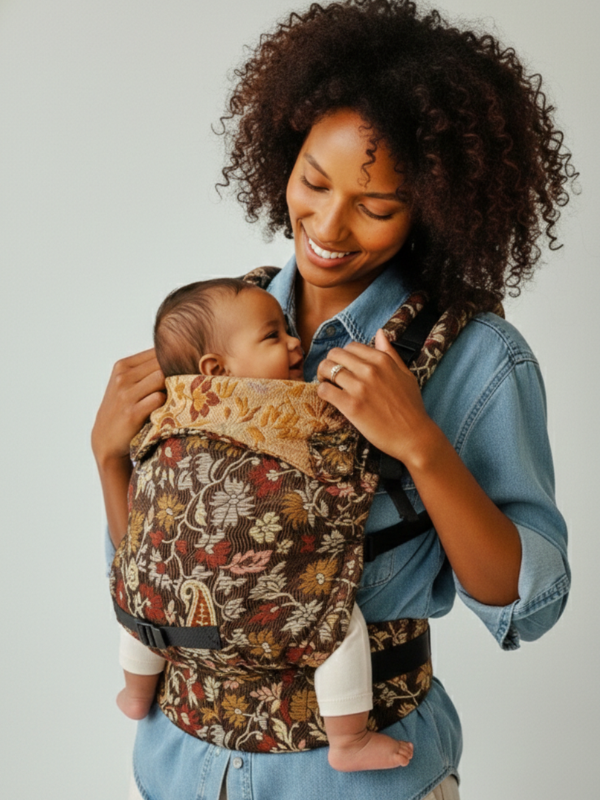 Caregiver smiling with baby in artisan-made handwoven Chenab Ergonomic Yoga Baby Carrier jacquard carrier, earthy floral pattern, breathable ergonomic babywearing