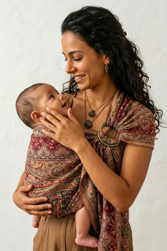 Smiling woman holding her baby who is resting inside a dark red and gold paisley Almitra Tattva Kalindi 2.0 ring sling with bronze aluminum rings.