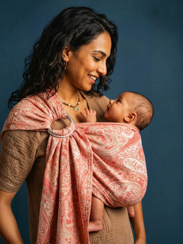 Mother smiling down at her infant seated ergonomically inside the Almitra Tattva Tushara ring sling carrier.