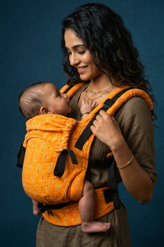 Side view of Kasundi Ikkat Yoga Baby Carrier with baby
