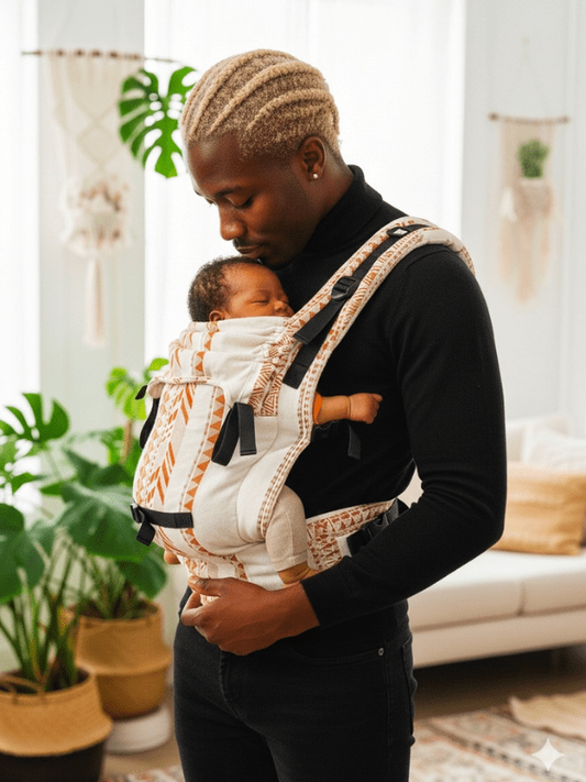 Father wearing the Akira linen ergonomic baby carrier with sleeping newborn in front carry position, highlighting babywearing, breathable linen fabric, and supportive adjustable straps by Almitra Tattva