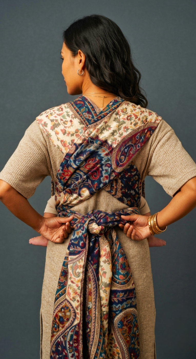 A woman shown from the back wearing a beige knit dress with a large paisley scarf tied around her waist, set against a dark gray studio background.