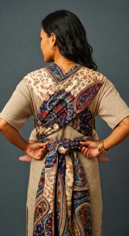 A woman shown from the back wearing a beige knit dress with a large paisley scarf tied around her waist, set against a dark gray studio background.