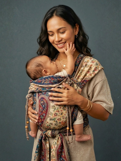 A woman wearing a beige linen dress and a paisley baby wrap carrier holds a baby against her chest, set against a dark gray studio background.