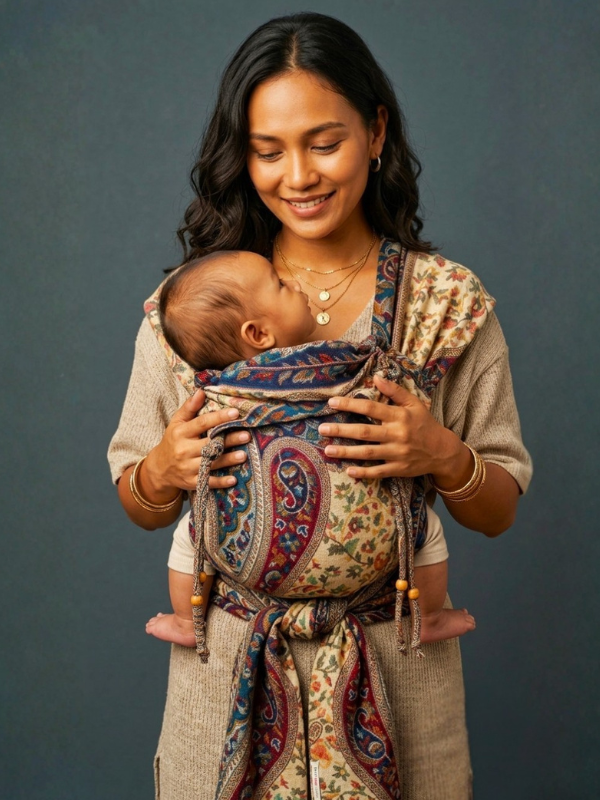 A woman wearing a beige linen baby carrier wrap with a colorful paisley and floral pattern, holding a baby against her chest. The baby is nestled inside the patterned wrap.