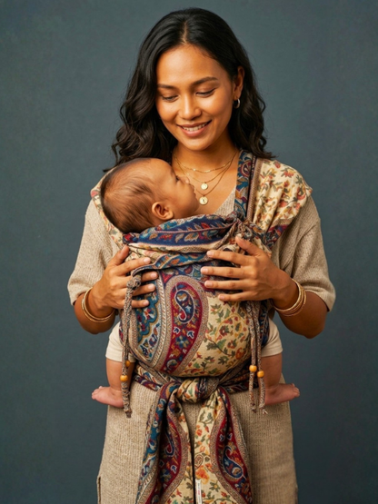 A woman wearing a beige linen baby carrier wrap with a colorful paisley and floral pattern, holding a baby against her chest. The baby is nestled inside the patterned wrap.