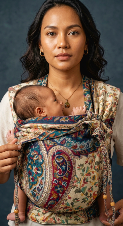 A woman wearing a paisley baby carrier wrap with a baby nestled inside, photographed against a dark textured studio background.
