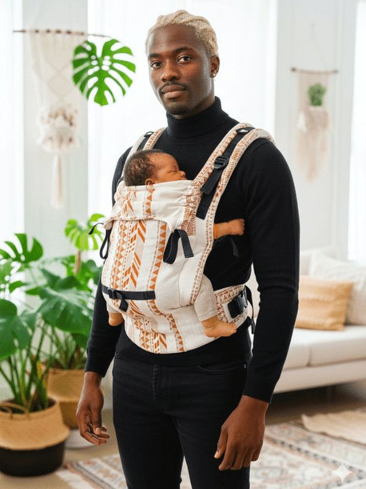 Front view of father wearing the Akira ergonomic baby carrier with newborn baby, showing inclusive babywearing design, supportive waistband, adjustable shoulder straps, and breathable patterned linen fabric.