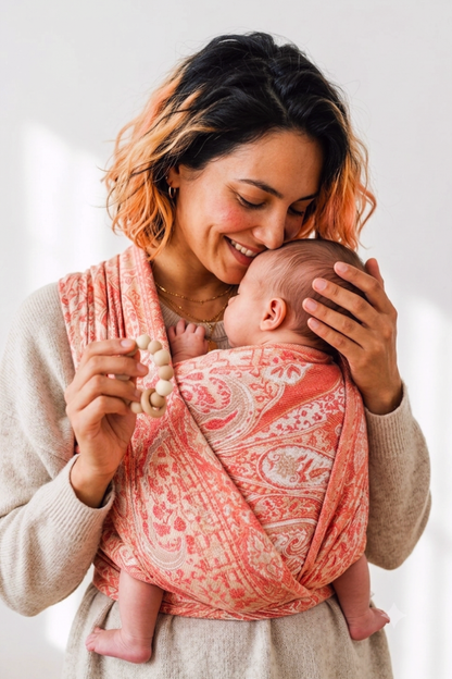 Close-up of a mother resting her forehead against her sleeping baby inside a peach and coral paisley baby wrap