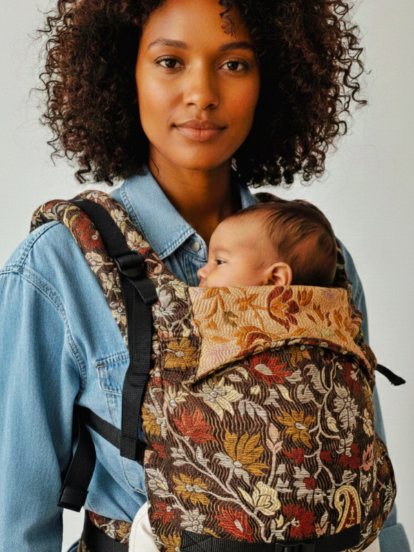 Caregiver wearing ergonomic Chenab Yoga Baby Carrier ember tones, artisan-made cotton babywearing soft structured carrier 