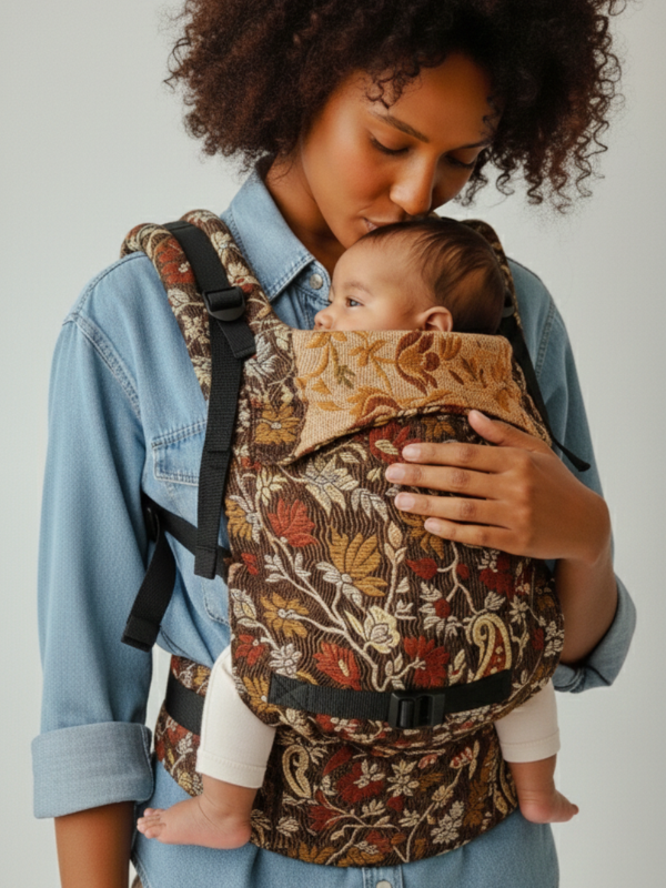 Wearer cradles Chenab Ergonomic Yoga Baby Carrier carrier with earthy floral weave, ergonomic artisan-made babywearing