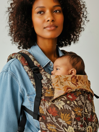 Front view of Chenab Ergonomic Yoga Baby Carriers in warm forest tones on caregiver, breathable artisan-made cotton.