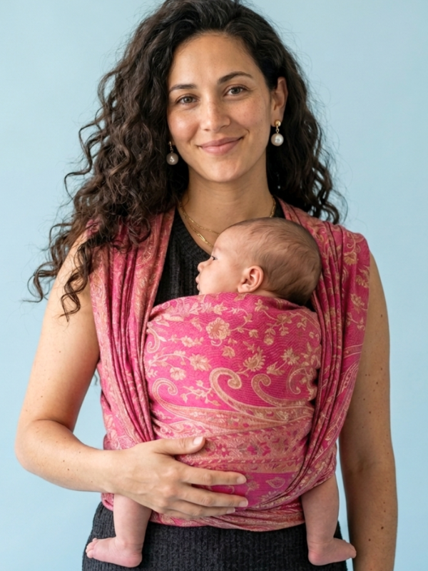 Smiling mother wearing newborn in Rose Gold Kamalika - Cashmere Collection by Almitra Tattva baby wrap, front inward-facing carry, ergonomic support for baby’s hips and spine, lightweight breathable wrap for everyday babywearing