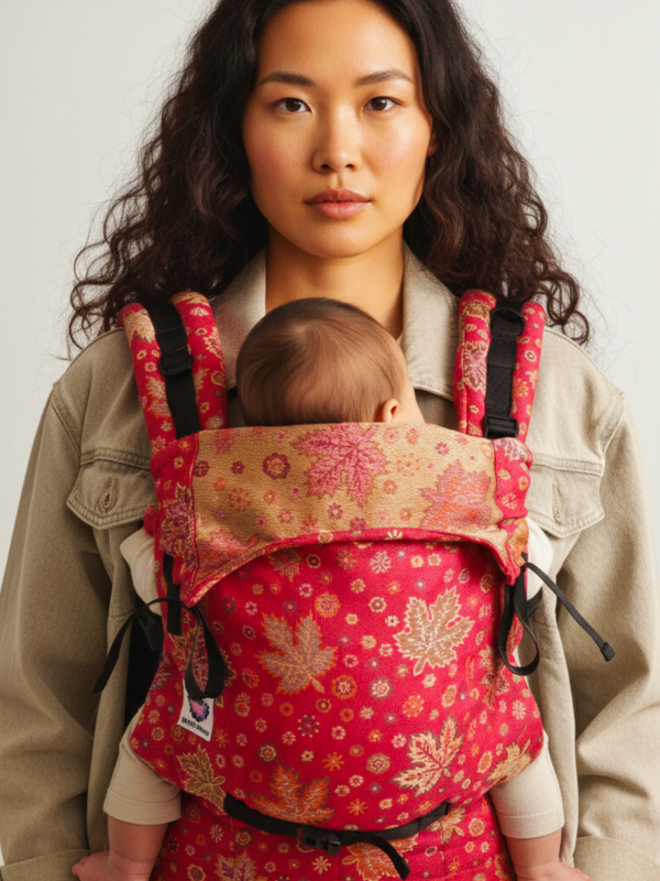 Studio portrait of caregiver wearing Rose Gold Chinar ergonomic baby carrier with newborn in front carry, highlighting soft structured design, breathable jacquard fabric, adjustable buckles, and inclusive everyday babywearing style. 