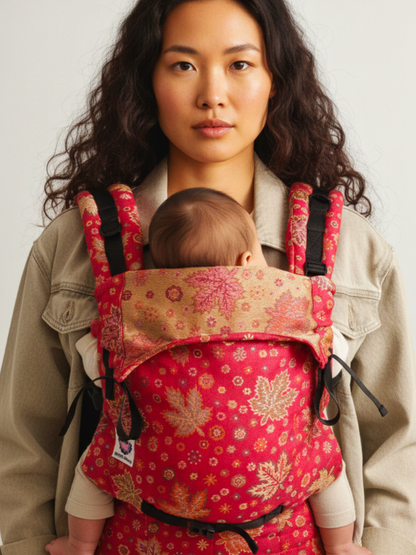 Studio portrait of caregiver wearing Rose Gold Chinar ergonomic baby carrier with newborn in front carry, highlighting soft structured design, breathable jacquard fabric, adjustable buckles, and inclusive everyday babywearing style. 
