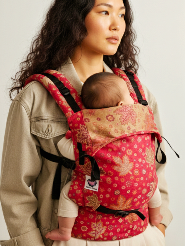 Rose Gold Chinar soft structured Baby carrier showing adjustable shoulder straps, supportive waistband, and woven floral fabric while caregiver carries newborn close to chest in ergonomic front carry.