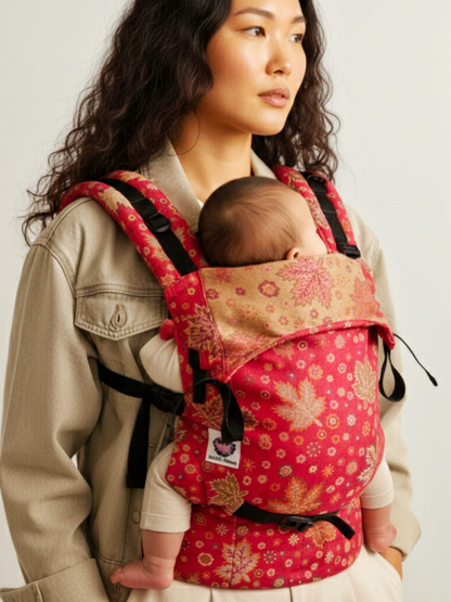 Rose Gold Chinar soft structured Baby carrier showing adjustable shoulder straps, supportive waistband, and woven floral fabric while caregiver carries newborn close to chest in ergonomic front carry.
