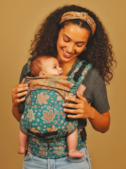 Caregiver wearing teal woven ergonomic baby carrier with newborn, breathable fabric designed for inclusive hands-free parenting