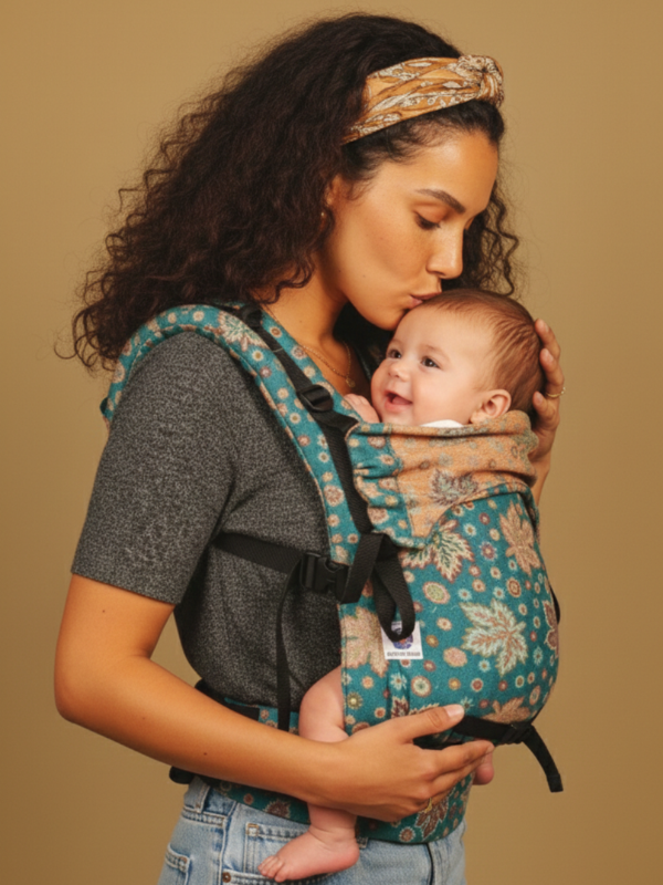 Caregiver in teal soft structured ergonomic baby carrier, breathable jacquard fabric supporting close bonding and everyday movement
