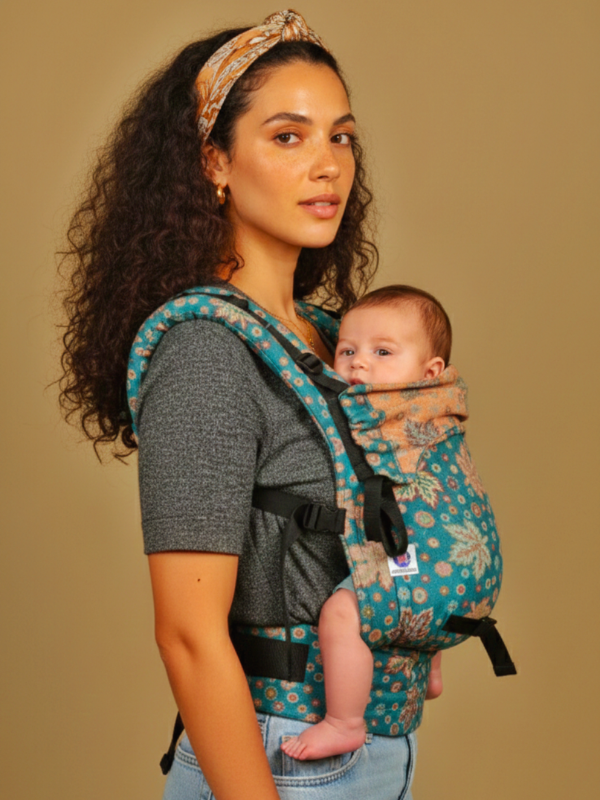 Caregiver wearing teal woven jacquard ergonomic newborn baby carrier in side profile, breathable fabric with secure fit for hands-free babywearing