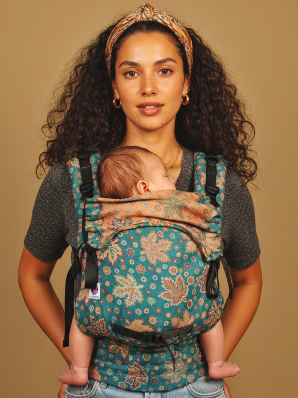 Caregiver using teal ergonomic baby carrier with newborn, artisan-made jacquard fabric designed for breathable hands-free parenting
