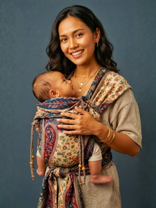 A woman wearing a beige textured top and a paisley-patterned baby carrier wrap holds a baby against her chest. The baby carrier wrap features a multicolor paisley and floral pattern with blue, red, green, and beige tones, shown against a dark slate blue studio background.