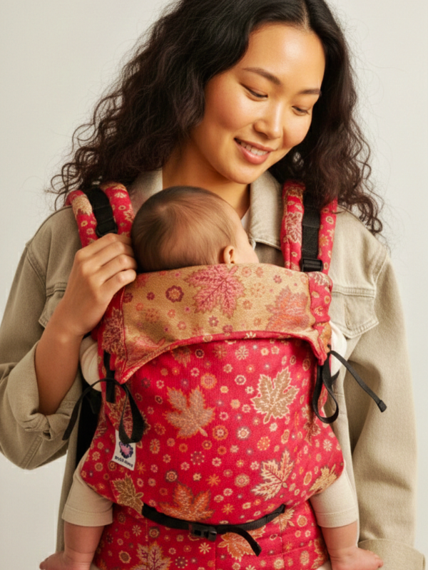 Almitra Tattva Rose Gold Chinar ergonomic baby carrier, featuring woven fabric, padded straps, and secure front carry positioning for newborn comfort and connected hands-free parenting.