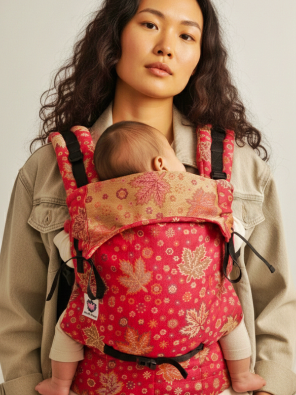Caregiver wearing Almitra Tattva Rose Gold Chinar ergonomic baby carrier jacquard, carrying newborn in front position with padded shoulder straps and waist belt for hands-free parenting and breathable everyday comfort.