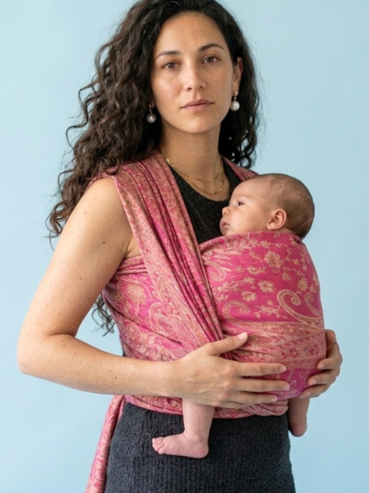 Mother holding newborn in Almitra Tattva Rose Gold Kamalika - Cashmere Collection baby wrap carrier, baby resting peacefully in ergonomic front carry, soft breathable fabric wrap for secure, hands-free parenting
