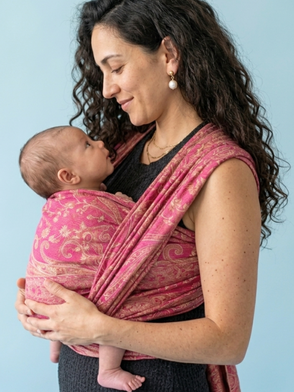 Mother and baby making eye contact in Almitra Tattva Rose Gold Kamalika - Cashmere Collection woven wrap carrier, secure front carry position, promotes bonding, ergonomic babywearing wrap for newborn comfort and closeness.