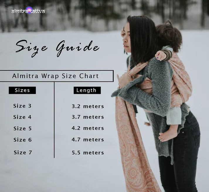 A size chart for Almitra Tattva wrap