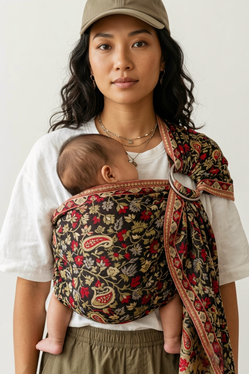 Front view portrait showing proper M-position seat alignment in the red, yellow, and black patterned Almitra Tattva Chenab 2.0 carrier.