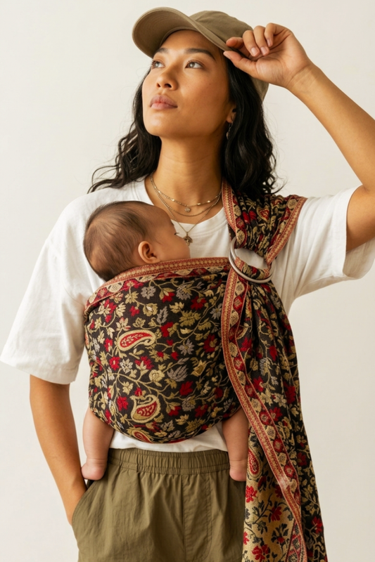 Full-length view of a mother wearing an infant in the Chenab 2.0 woven ring sling, showing the long flowing tail fabric patterned with red and beige paisley motifs.