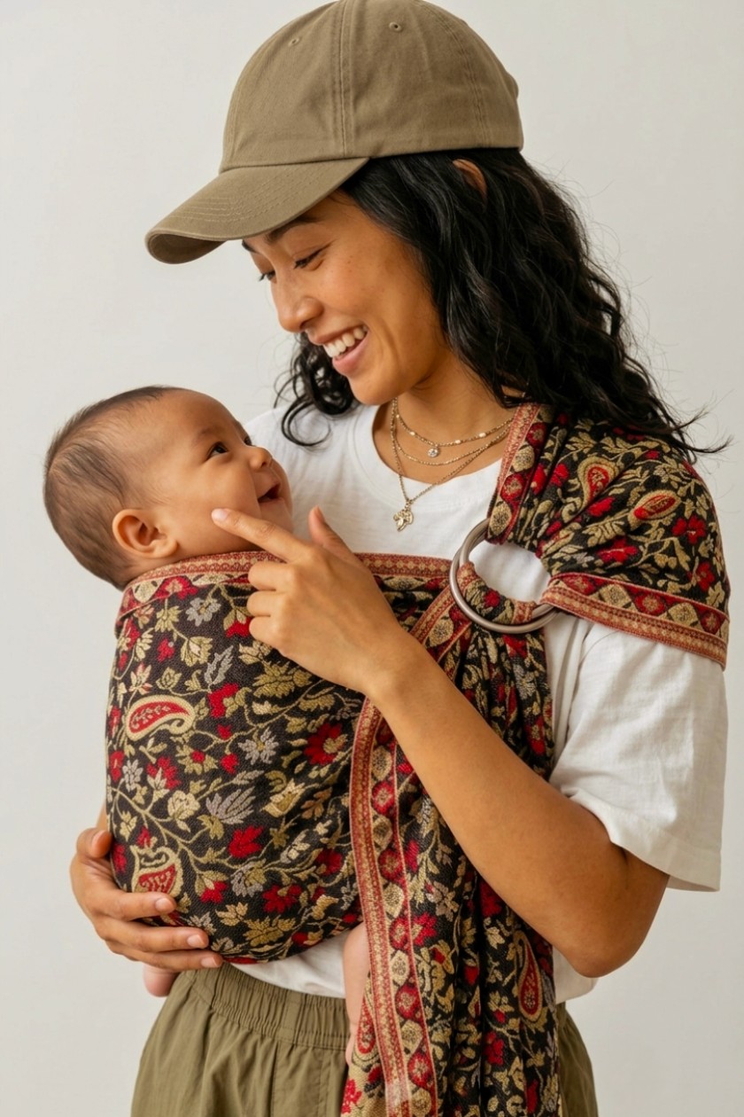Side profile of a sleeping baby resting against their mother's chest inside a soft Chenab 2.0 ring sling with silver aluminum rings.