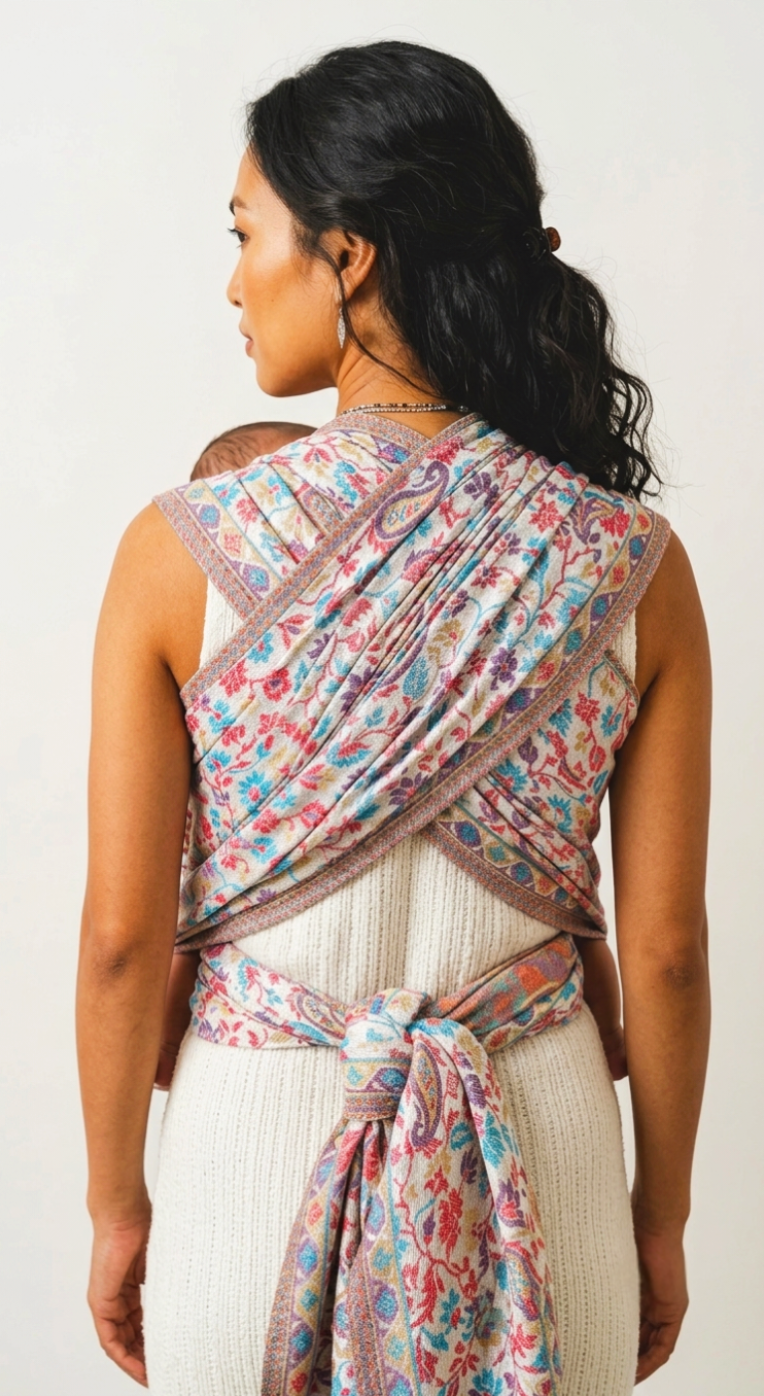 Back view of a caregiver showing the crossed fabric passes and waist knot of the Jhelum 2.0 floral woven wrap.