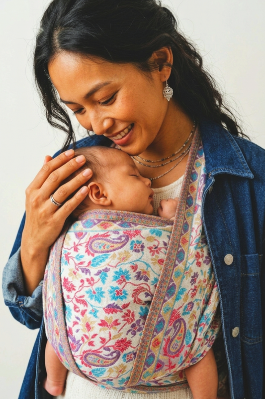 Close-up of a mother in a denim jacket holding her sleeping baby securely inside a bright pastel paisley woven wrap carrier.