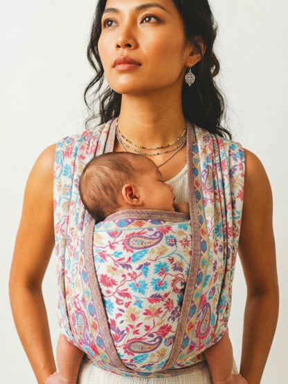Mother wearing a sleeping newborn in an Almitra Tattva Jhelum 2.0 white woven wrap with colorful pink, blue, and purple paisley patterns.