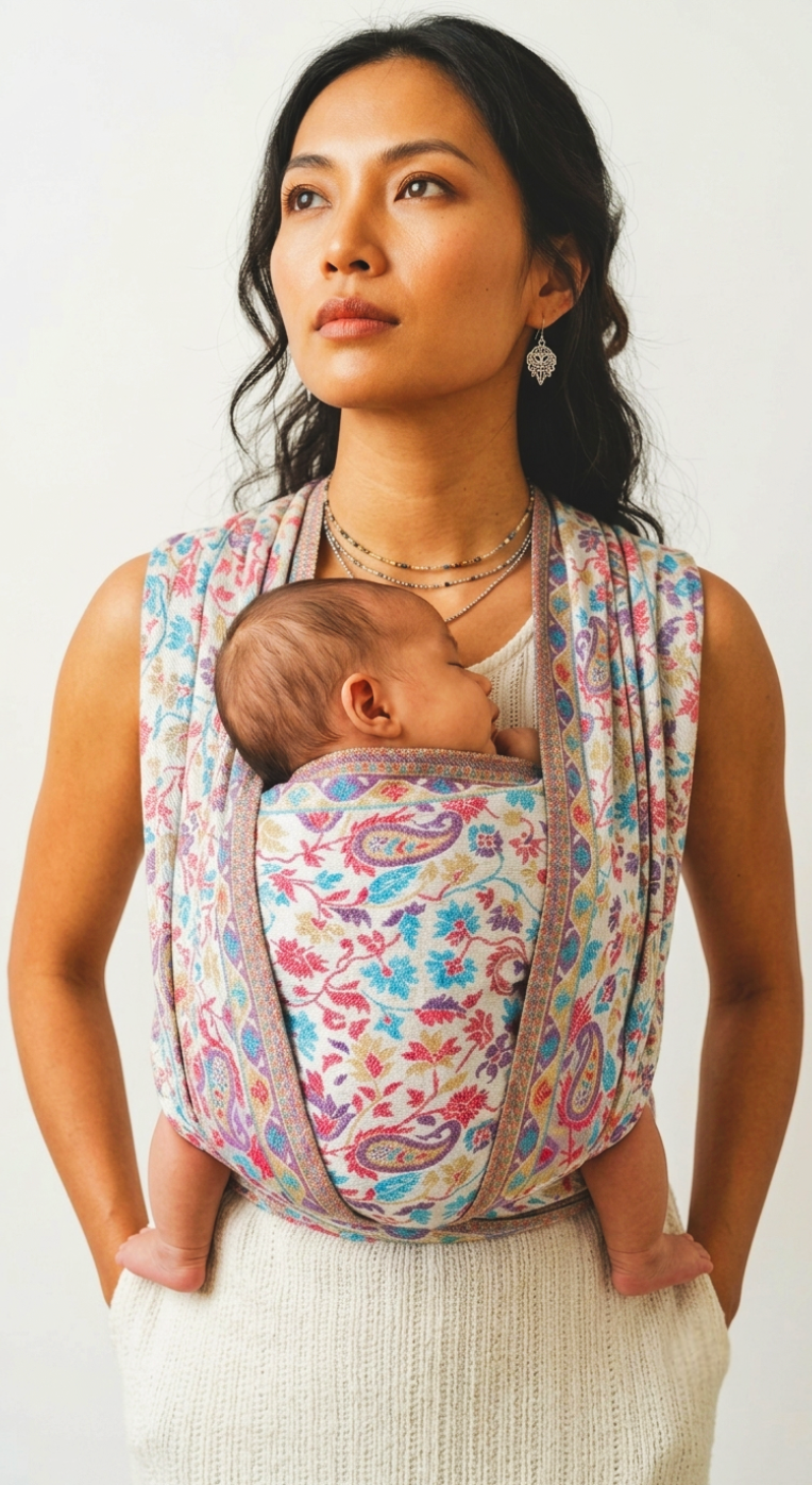 Front view of a mother standing upright wearing a newborn in a colorful paisley print baby carrier wrap.