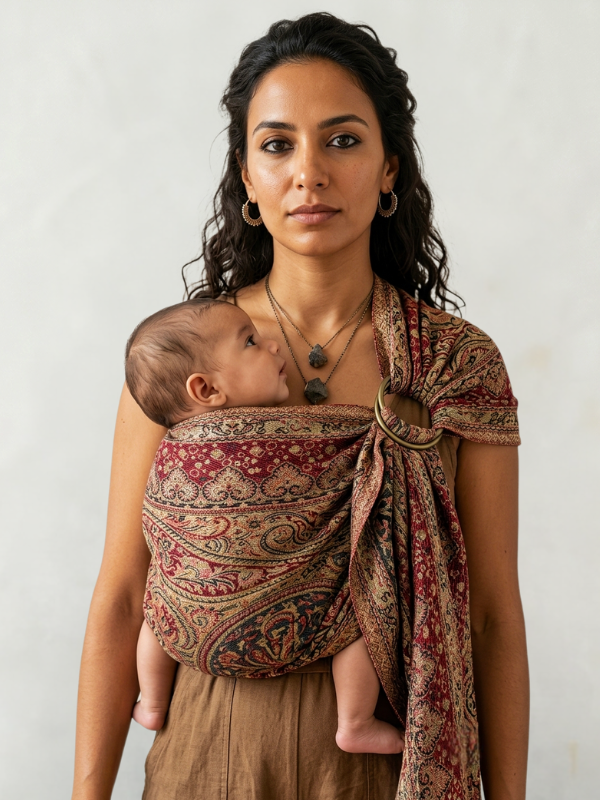Front view portrait of a woman wearing a baby in a rich red, black, and earth-yellow patterned Almitra Tattva ring sling against a neutral studio background.