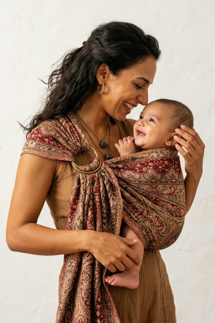 Side view of a mother smiling at her happy infant seated ergonomically inside the Kalindi 2.0 Cashmere Collection ring sling.