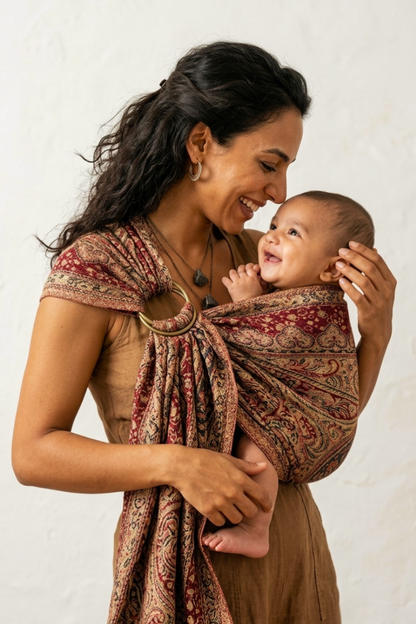 Side view of a mother smiling at her happy infant seated ergonomically inside the Kalindi 2.0 Cashmere Collection ring sling.