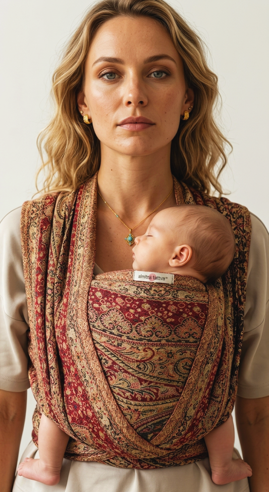 Close-up portrait of a mother wearing a sleeping baby in a warm rust red and gold patterned wrap showing the Almitra Tattva brand label.