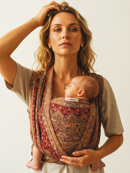 Blonde mother holding her hand up to her head while carrying a sleeping baby in an Almitra Tattva Kalindi 2.0 crimson and gold paisley woven wrap.