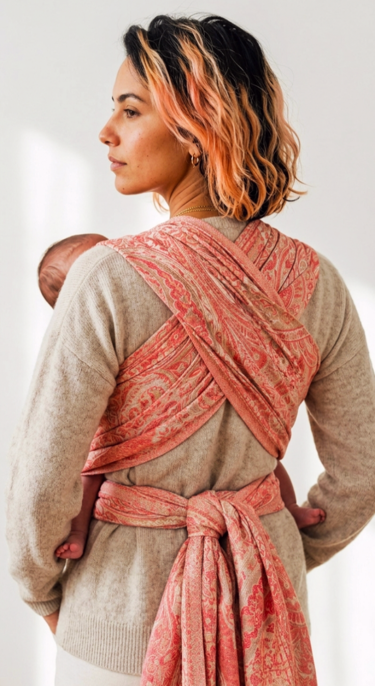 Back view of a caregiver wearing the Tushara 2.0 wrap showing the cross-back fabric passes and secure waist knot.