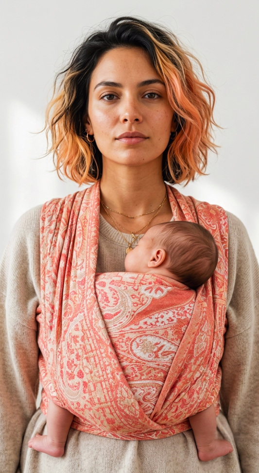 Front view close-up of a mother wearing a sleeping baby in a warm coral paisley woven wrap carrier.