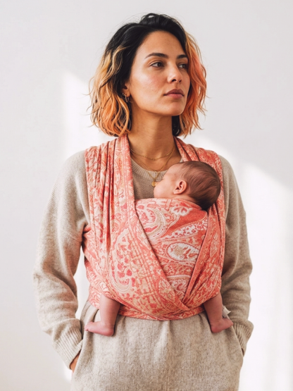 Mother wearing a sleeping newborn in an Almitra Tattva Tushara 2.0 coral and cream paisley woven wrap carrier.