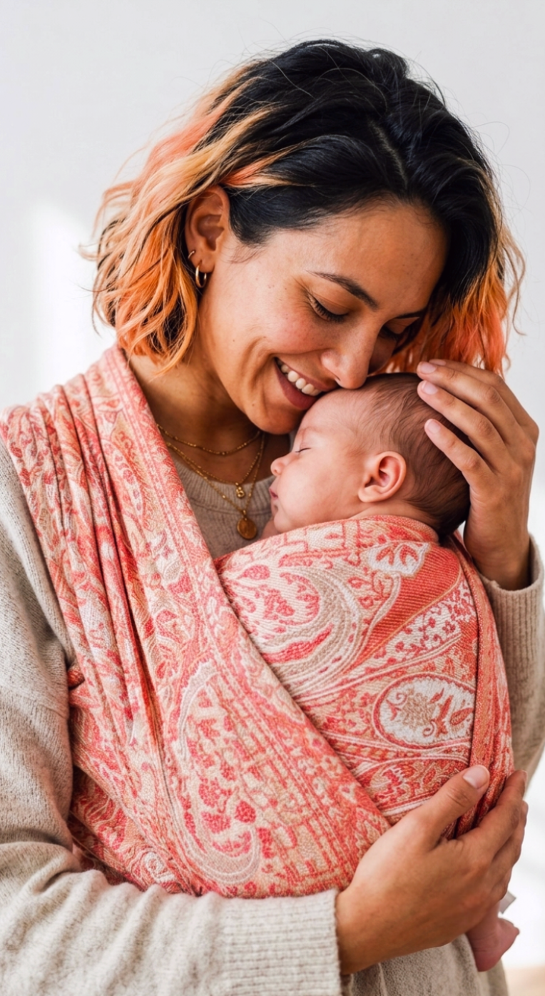 Mother holding a baby and smiling down at her baby nestled inside a coral woven wrap.