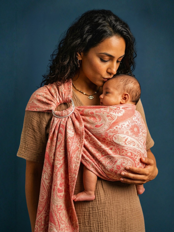 Mother gently kissing her baby's forehead while supporting them inside a peach-coral paisley woven ring sling.
