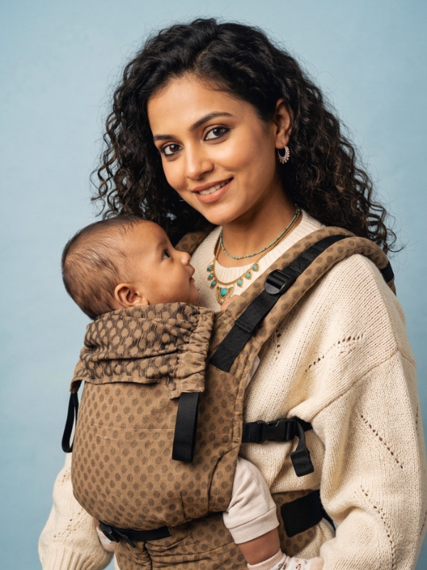 A woman wearing a cream knit sweater carries a baby in a brown patterned baby carrier against a light blue studio background.