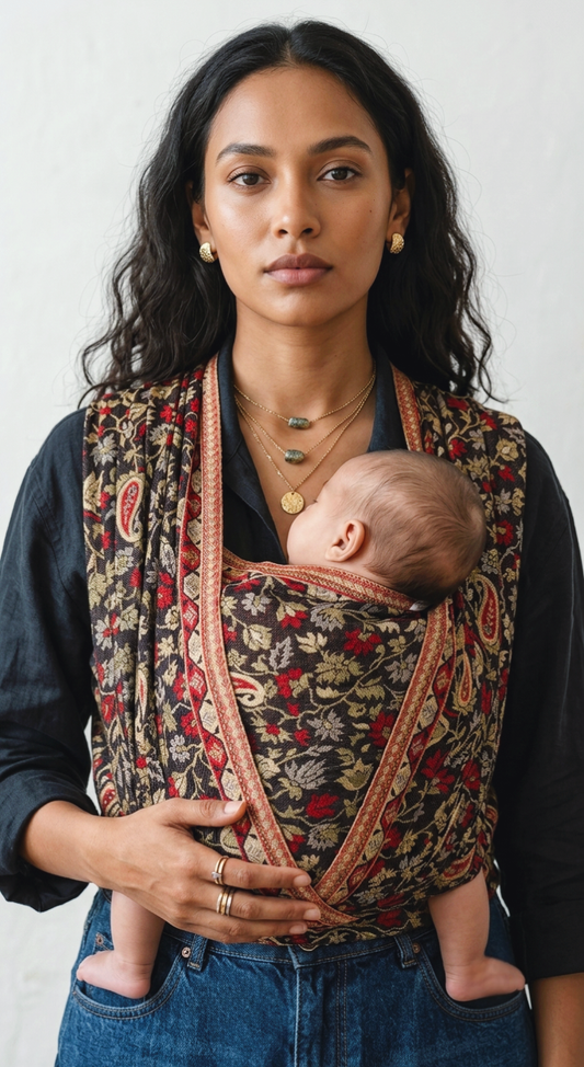 Almitra Tattva Chenab 2.0 baby carrier shown in profile, the red-trimmed panel crossing diagonally from shoulder to hip with baby's head just above the fabric edge.